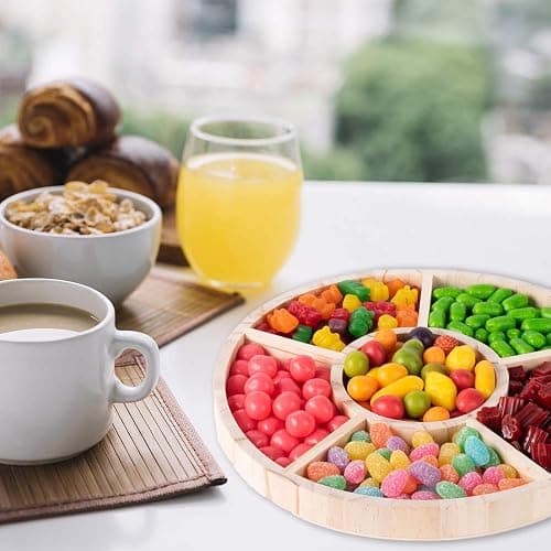Montessori Wooden 2 Pack Round Tray 6 Section Divided Serving Tray for Appetizers & Snacks Chip & Dip Platter 10'x1' thumbnail 2