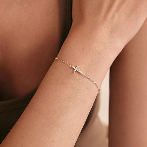 Moodear Christmas Gifts Sotcking Stuffers, Dainty 925 Sterling Silver/14k Gold Plated CZ Cross Bracelet Layered Snake Pearl Chain Knot Bracelets for Women Trendy Religious Christian Jewelry thumbnail 3