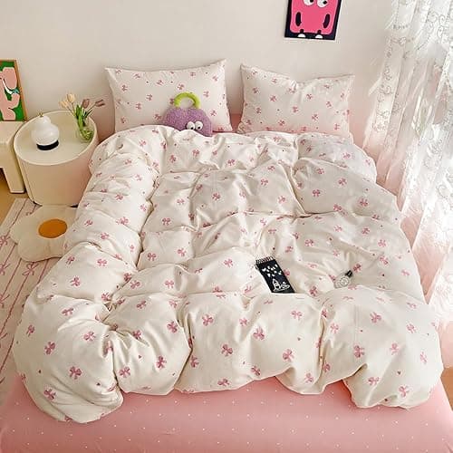 Nayoroom Bettwäsche 135x200 Mädchen Weiß mit Rosa Schleifen Kinder Bettbezug 2teilig Aesthetic Kawaii Schleifenmuster Microfaser Einzelbett Deckenbezug mit Reißverschluss und Kissenbezug 80x80cm thumbnail 2