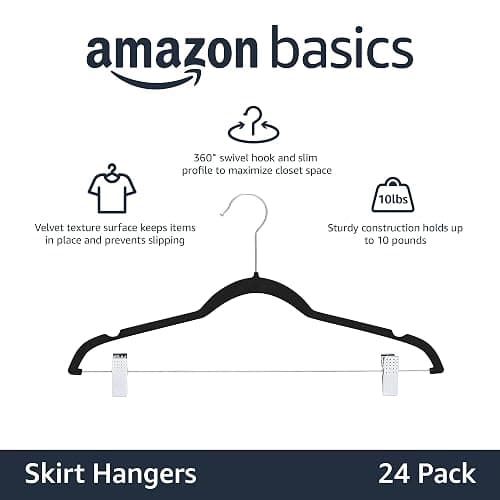 Amazon Basics Velvet Non-Slip Skirt Clothes Hangers with Clips, 360 Degree Rotatable Hook, Organize Pants and Skirts, Black/Silver, 24-Pack thumbnail 4