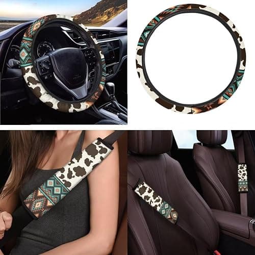 Coldinair Brown Cow Print Universal Car Steering Wheel Cover & Tribal Style Seat Belt Shoulder Pads Fit Most Cars,Truck SUV,Soft and Stretchy thumbnail 2