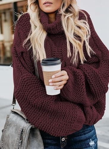 Dokotoo Womens 2025 Winter Fall Solid Turtleneck High Neck Balloon Long Sleeve Sweaters Pullover Outerwear thumbnail 3