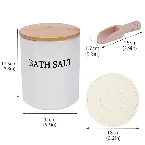 Qinpufu 64 oz Bath Salt Jar Set, Ceramic Bath Salt Container with Scoop & Mat, Epsom Salt Storage with Airtight Wooden Lid, Modern Minimalist Bathtub Accessories for Women Bathtub Decor, White thumbnail 3