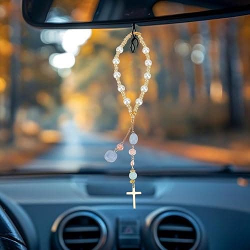 DELORIGIN Natural Jade Cross Car Hanging Ornament Rearview Mirror Accessories Glass Beaded Charms With Pearl Car Hanging Accessories Suncatcher for Car Rear View Mirror Window Balcony Keychain Decor thumbnail 5