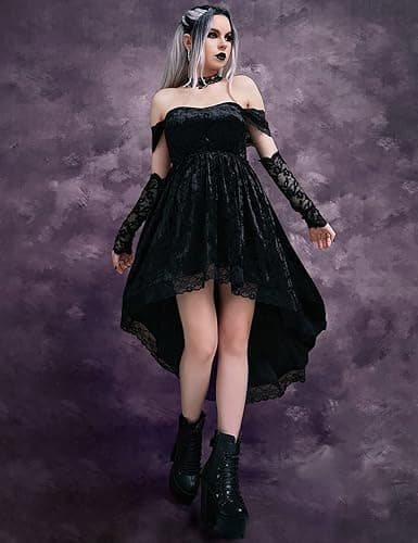 LANSHULAN Gothic Clothes Dress,Lace Mini Sleeveless Lace Draped Bodycon Goth Vintage Dresses Without Gloves - Small - Black thumbnail 6