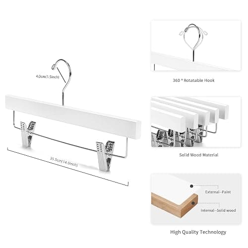 Nature Smile Deluxe Wooden Pants Hangers, Solid Lotus Wood, with Clips, Pack of 28, White thumbnail 3