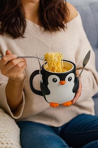 Ice Cream Pint Holder – Fits Standard Pints – Dual Spoon Sockets – Keeps Hands Warm – Fun Unique Designs with Vibrant Colors – Reusable Ice Cream Sleeve - Ramen Noodle Holder (Penguin) thumbnail 4