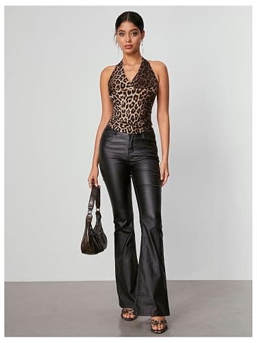 WDIRARA Women's Leopard Print Ruched Halter Crop Tops V Neck Tie Back Sleeveless Slim Fit Cami Tops thumbnail 6