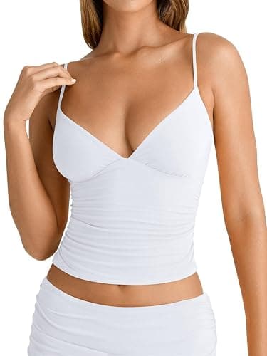 PINKMSTYLE Women's Sexy V Neck Ruched Cami Top Sleeveless Spaghetti Double Layer Fitted Crop Tank Tops thumbnail 2