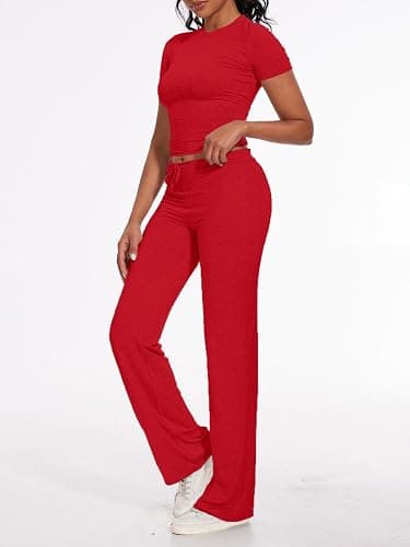 AnotherChill Women's 2 Piece Lounge Sets Straight Leg Pants Set Short Sleeve Crop T-shirt Casual Outfits Comfy Loungewear thumbnail 4
