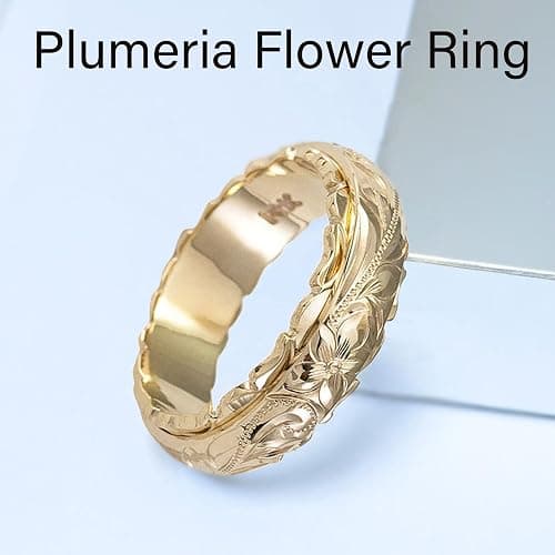 BlingNook Dainty Engraved Plumeria Flower Ring, 14K Gold Plated Hawaiian Princess Plumeria Flower Scroll Promise Ring Stackable Wedding Engagement Band Jewelry for Women or Men thumbnail 4