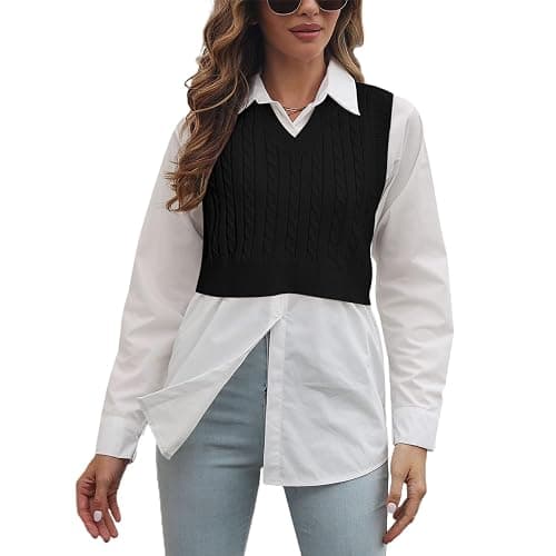 Lailezou Women's V-Neck Knit Sweater Vest Solid Color Argyle Plaid Preppy Style Sleeveless Crop Knit Vest thumbnail 4