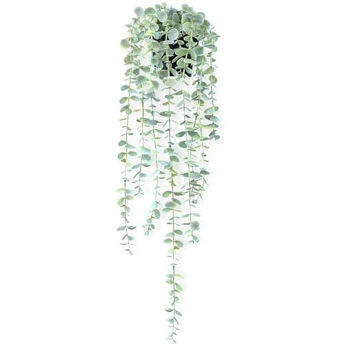 HOFMEFY Fake Hanging Plant Eucalyptus Artificial Faux Plants Indoor Small Wall Greenery Decor for Shelf with Black Pot Soft Green 1PCS 23Inch Long - Image 1
