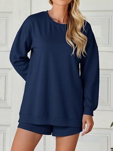 Tankaneo Womens Oversized 2 Piece Outfits Sweatsuit Casual Long Sleeve Crewneck Sweatshirts Sweat Shorts Fall Lounge Sets thumbnail 4