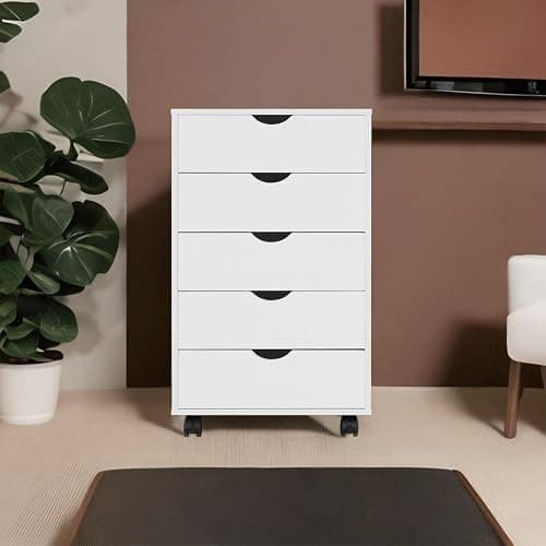 Naomi Home Taylor 5 Drawer Chest, Wood Storage Dresser Cabinet with Wheels, Craft Storage Organization, Makeup Drawer Unit for Closet, Office File Cabinet 180 lbs Total Capacity - White - Image 1