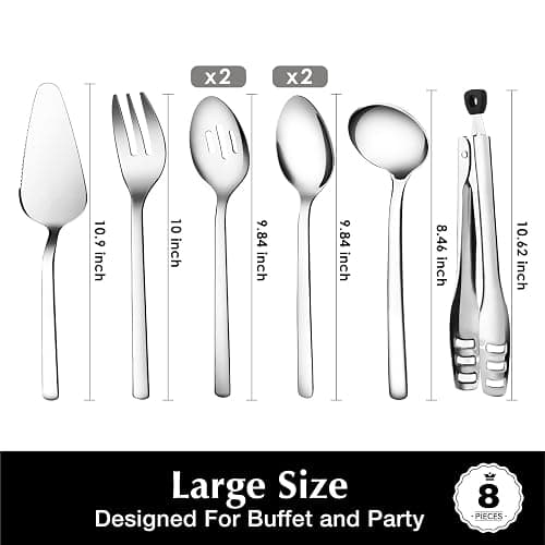 KINGSTONE Large Hostess Serving Utensils Set, 18/10 Stainless Steel Heavy Duty 10-inch Serving Utensils, Slotted Spoons, Forks, Tongs, Cake Pie Server for Buffet, Wedding, Party thumbnail 3