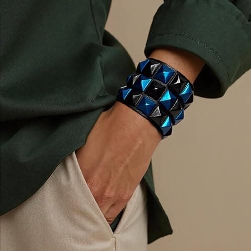 Towefuur Color 3 Row Pyramid Stud Wristband Punk Leather Bracelet Jewelry Bracelet - Blue thumbnail 3