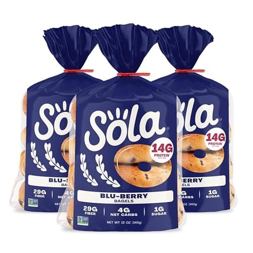 SOLA Low Carb & Keto Friendly Bagels, Blu-berry - 5g Net Carbs & 15g of Protein, No Added Sugar, Plant based, Low Calorie Bagels - 12 oz (4 Bagels/Pack) (Pack of 3) - Image 1