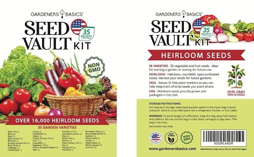 Gardeners Basics Survival Vegetable Seeds Garden Kit Over 16,000 Seeds Non-GMO and Heirloom, Great for Emergency Bugout Survival Gear 35 Varieties Seeds for Planting Vegetables 35 Free Plant Markers thumbnail 9