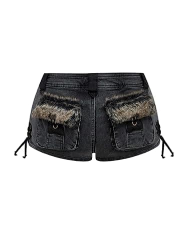 WDIRARA Women's Fuzzy Low Rise Denim Shorts Lace Up Vintage Mini Jean Shorts Streetwear - Image 1