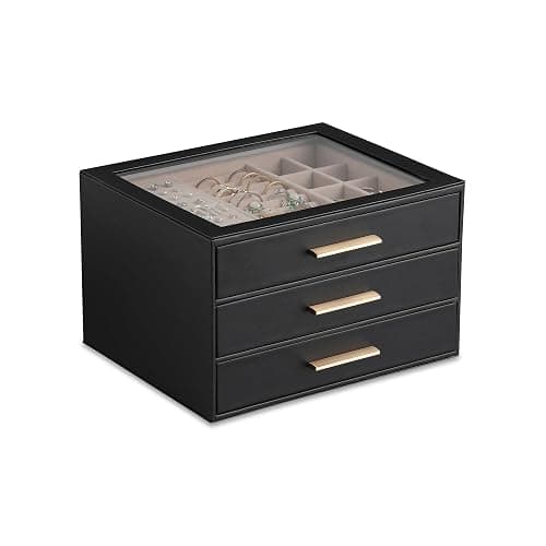 Frebeauty Jewelry Box for Women,Clear Lid Jewelry Organizer with 3 Drawers | Faux Leather,Velvet Lining,3 Layers,Jewelry Storage for Ring Earring Stud,Dustproof Design,Gift Choice,Golden Stylish Handle - Image 1
