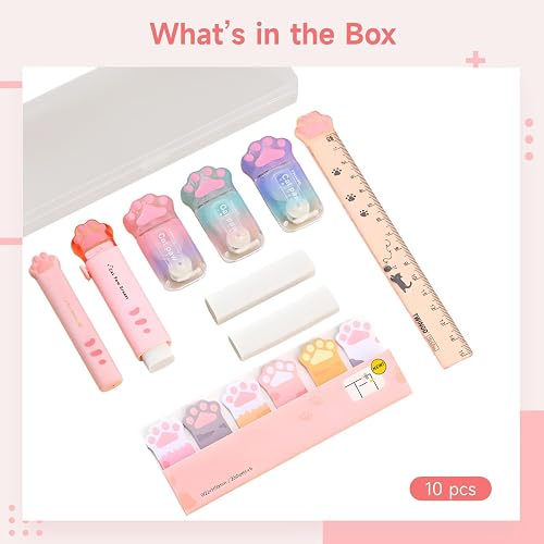 Cat Paw Stationery Set 10 Pieces, Kawaii School Office Supplies Kit, Cute Paw Print Design Highlighters, Ruler, Box Cutter, Writing Accessories for Students, Pink White Theme thumbnail 4