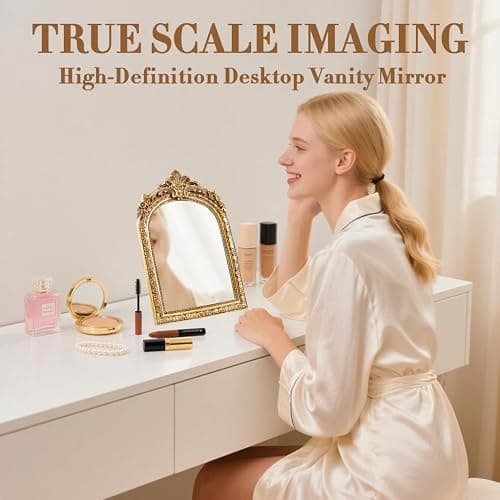 YUSONG Vintage Makeup Mirror for Tabletop - 8" Antique Gold Arched Desk Mirrors with Resin Frame Vanity Table Mirror for Bedroom Living Room Retro Decor thumbnail 4