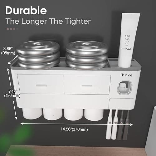 iHave Toothbrush Holders for Bathrooms, 4 Cups Toothbrush Holder Wall Mounted with Toothpaste Dispenser - Large Capacity Tray, 2 Cosmetic Drawer - Bathroom Organizer & Bathroom Accessories Set thumbnail 2