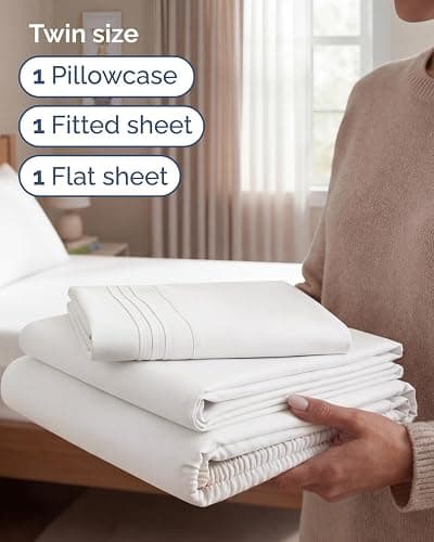 Twin Size 3 Piece Sheet Set - Breathable & Cooling Sheets - Antique White | Hotel Luxury Bed Sheets for Women & Men, Deep Pockets, Easy-Fit, Extra Soft and Wrinkle Free Sheets, Oeko-Tex Bed Sheet Set thumbnail 4