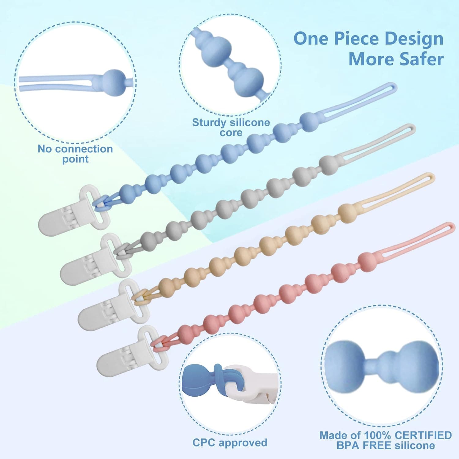 4 Pack Silicone Pacifier Clips, One Piece Beads Gourd Design Teething Pacifier Holder Clip, Neutral Baby Paci Dummy Clips Boys & Girls, Binky Clips Pacifier Straps Chain for Toys Teethers thumbnail 3