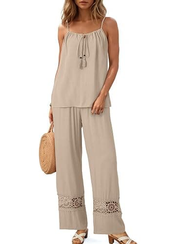 Dokotoo 2 Piece Sets for Women Summer Spaghetti Strap Tie Knot Top Lace Wide Leg Pants Set - Image 1