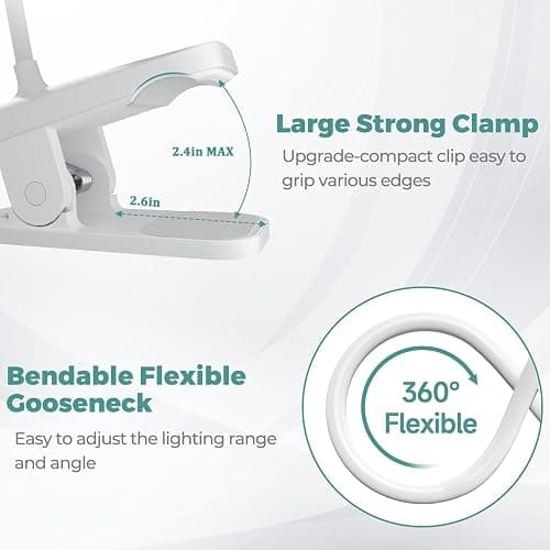 CUHIOY Clip on Reading Light for Bed Headboard, Rechargeable Battery Clamp on Bunk Bed Light, 5 Colors 5 Brightness Flexible Neck Desk Lamp, Eye Protect LED Touch Control Book Lights at Night for Kids thumbnail 3