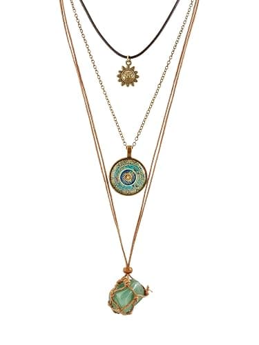 MINACHI Bohemian Retro Style Multi Layer Necklace, Green Crystal Sun and Floral Pendant, Ethnic Jewelry for Women - Image 1