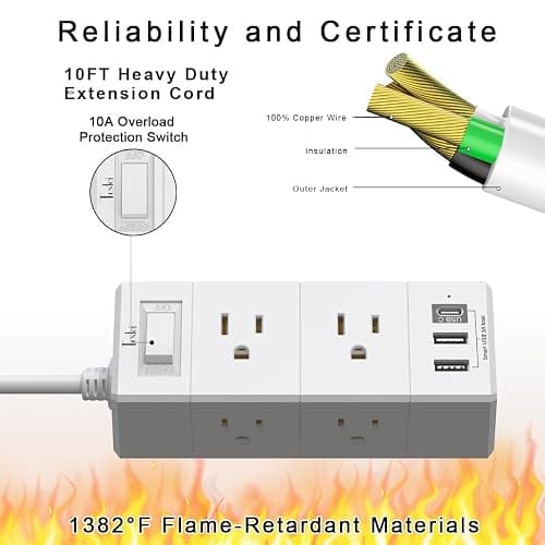 10Ft Extension Cord Flat Plug Power Strip - Tcstei 3-Side Outlet Extender with 6 AC Outlets and 3 USB Ports (1 USB C), Compact for Home, Office, Dorm Room Essentials, ETL, White - 10Ft/2U1C - White thumbnail 6