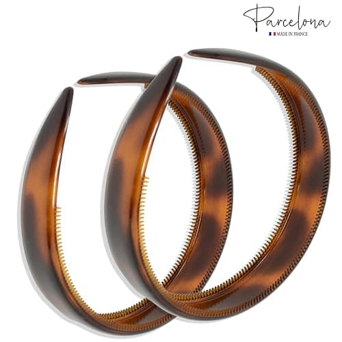 Parcelona French Bold 3/4" Wide Set of 2 Celluloid Hair Headbands Very Flexible Strong Hold Grip No Slip Inner Teeth Durable Styling Women Hair Accessories, Made in France (Tortoise Shell Brown) thumbnail 4