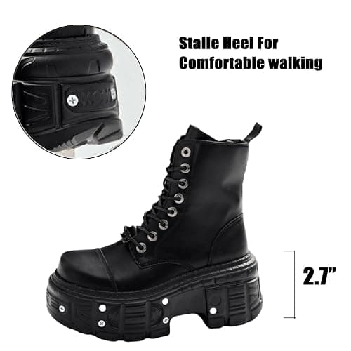 AZAGNEEM women platform Goth Ankle Boots with Studded Buckle Lace up Chunky Block Heels Lug Sole Punk Motorcycle Combat Boots Round Toe Waterproof Chunky Wedge Heel Rave Short Booties thumbnail 5