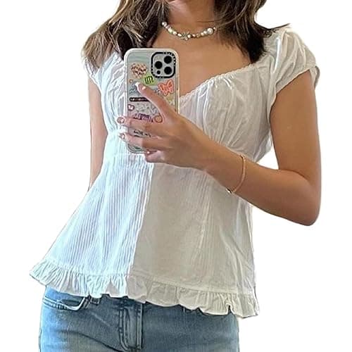 Women Y2k Gingham Top Lace Trim Scoop Neck Short Sleeve Tees Ruffle Hem Aesthetic Shirt Coquette Clothes - White - Small