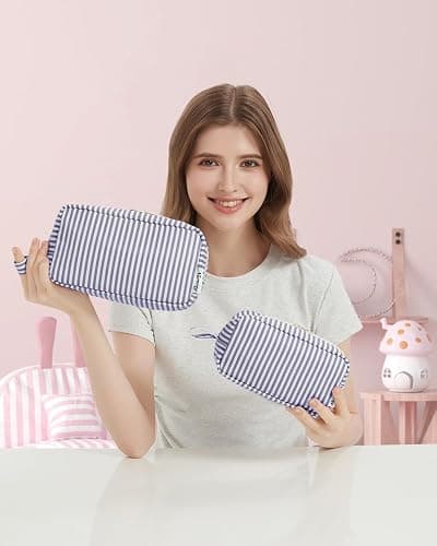 Narwey Cute Stripe Large Makeup Bag Travel Make Up Bags Women with Comparments Small Toiletry Bag Cosmetic Bag Organizer Zipper Pouch for Teen Girls (Greyish Blue Stripe, Large) thumbnail 2