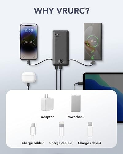 VRURC Portable Charger with Built-in Cables and AC Wall Plug, 10000mAh Power Bank USB C Phone Charger 5 Output 2 Input LED Display Ultra Slim External Battery Pack Compatible with Smart Devices-Black thumbnail 3