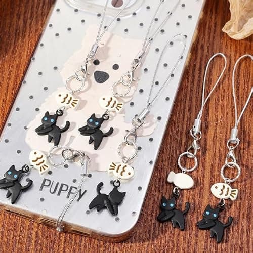 PUCAPOCO Black Cat Phone Charm Cute Kawaii Cat Fish Phone Bag Charm Accessories thumbnail 6