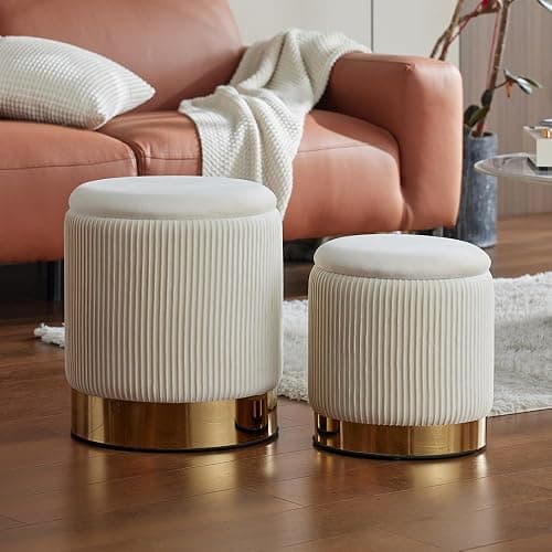 YYW HOME Round Ottoman with Storage Set of 2 Vanity Stool Foot Rest with Removable Lid White Velvet Storage Ottoman Stool for Living Room and Dorm thumbnail 4