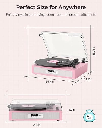 VICTRESS Vinyl Record Player, Built-in Dual Speakers, Anti-Vibration, Pink | Vintage Vinyl Player, 3-Speed Bluetooth Turntable with USB Recording & Playback, 5 EQ Modes, RCA Out, LED Display, Auto Stop thumbnail 11