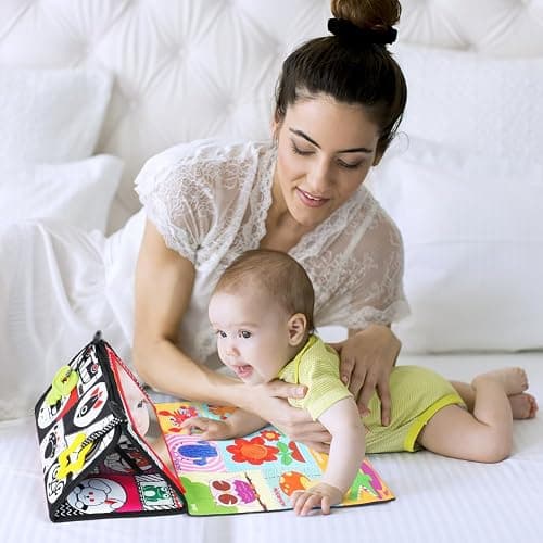 Aolso Tummy Time Mirror & Sensory Toys - High Contrast Newborn Baby Mirror with Crinkle Cloth Book & Teether, Montessori Toys 0-12 Months thumbnail 2