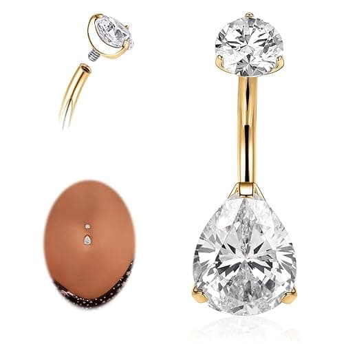 AROWRO Gold Belly Button Ring G23 Titanium Hypoallergenic 14G belly ring for Women Men Teardrop Navel Piercing Jewelry 10mm Barbell With Cubic Zircon - Gold+Teardrop Clear CZ - 14G-10mm(3/8")