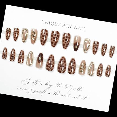 LPOODDNU Brown Almond Press on Nails - Medium Leopard Fake Nails with 3D Gold&Flower Designs, Glossy Finished Reusable False Nails with Double Adhesive Glue Tabs - 24Pcs Nail Kit for Women Manicure thumbnail 5