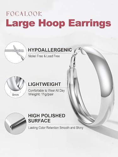 FOCALOOK 14K Chunky Gold Hoops, Hypoallergenic Lightweight Large Thick Wide Silver Hoop Earrings for Women 40/60/80mm thumbnail 3
