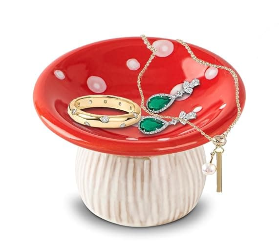 dgudgu Mushroom Ring Holder Jewelry Tray Red Dish Ceramic Trinket Storage Jar Mini Engagement Ring Holder - Image 1