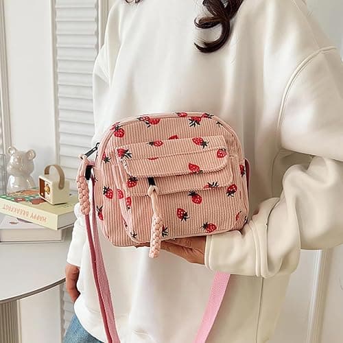 Cute Strawberry Purse for Women Strawberry Bag Corduroy Tote Bag for Women Messenger Bag Cute Crossbody Bags Handbags thumbnail 4