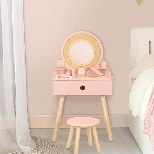 OOOK Kids Vanity Table and Chair Set, Pink Girls Vanity with 11 Pcs Accessories, Enough for Real and Pretend Makeup, Toddler Vanity for 3 Year Old and Up as Ideal Gift thumbnail 8
