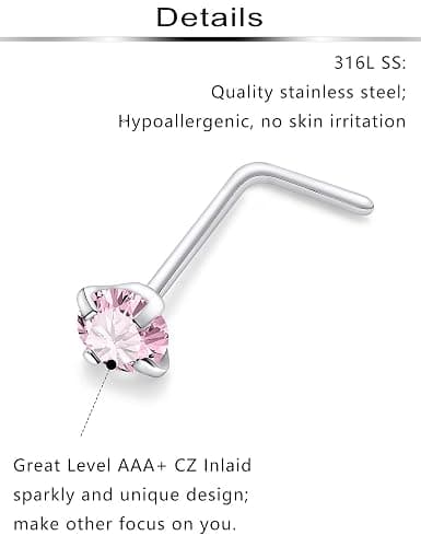 Ftovosyo Hypoallergenic Nose Rings Studs 18G & 20G Surgical Steel Nose Studs L Shaped Nostril Piercing Jewelry with Pink Cubic Zirconia for Women & Men thumbnail 3